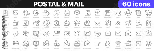 Postal and mail line icons collection. Message, spam, delivery, messaging icons. UI icon set. Thin outline icons pack. Vector illustration EPS10