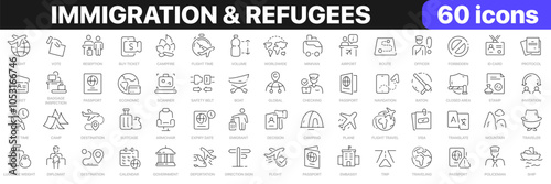 Immigration and refugees line icons collection. Embassy, protocol, checking, invitation, emigrant icons. UI icon set. Thin outline icons pack. Vector illustration EPS10