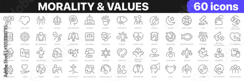 Morality and values line icons collection. Empathy, religion, donation, caring, family, belief icons. UI icon set. Thin outline icons pack. Vector illustration EPS10