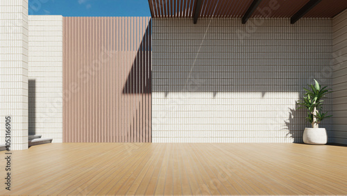 Fototapeta Naklejka Na Ścianę i Meble -  Modern building exterior, architecture with large brick wall. wooden floor, 3d rendering
