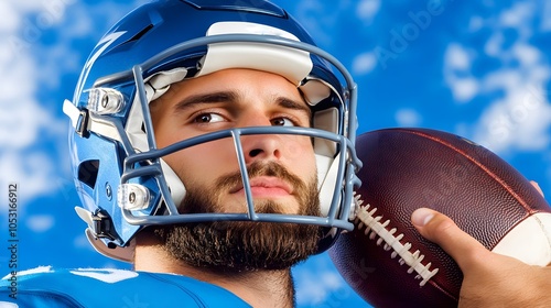 A focused football player in a blue jersey holds a football, ready to make a play against a bright, cloud-filled sky.