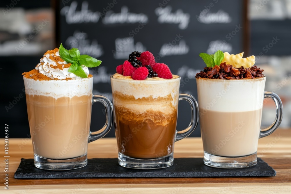 Trio of Gourmet Coffee Varieties with Whipped Cream and Berry Toppings in Glass Mugs on a Rustic Wooden Table