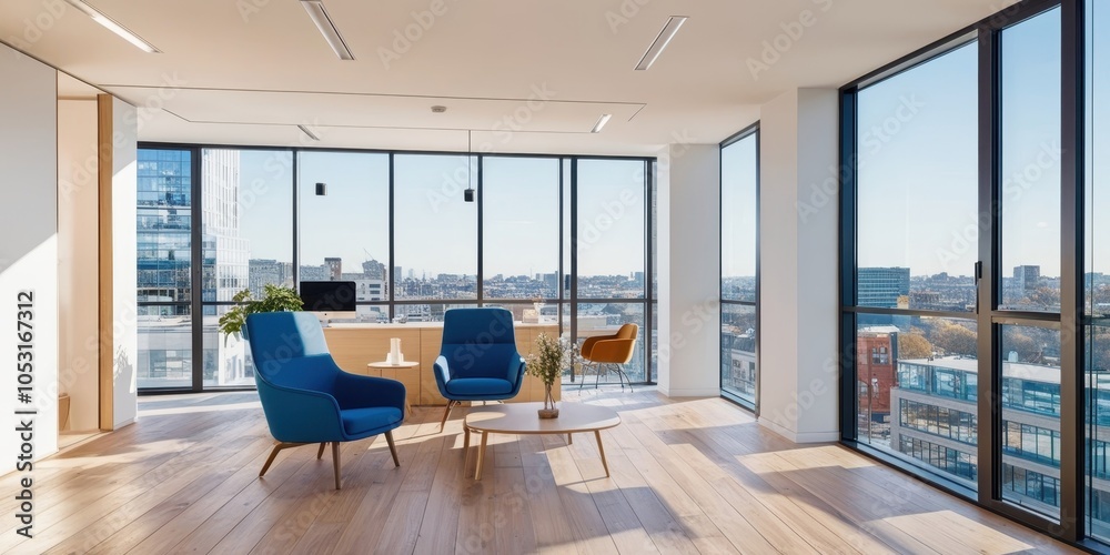View of Luxurious penthouse living room, floor-to-ceiling windows, panoramic ...