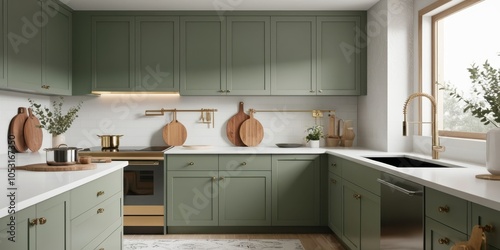 Minimalist kitchen design, sage green cabinets, white backsplash, wooden cutting boards, brass faucet, natural light, quartz countertop, muted tones, clean lines, Scandinavian inspired, modern applian photo