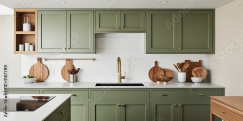 Minimalist kitchen design, sage green cabinets, white backsplash, wooden cutting boards, brass faucet, natural light, quartz countertop, muted tones, clean lines, Scandinavian inspired, modern applian photo