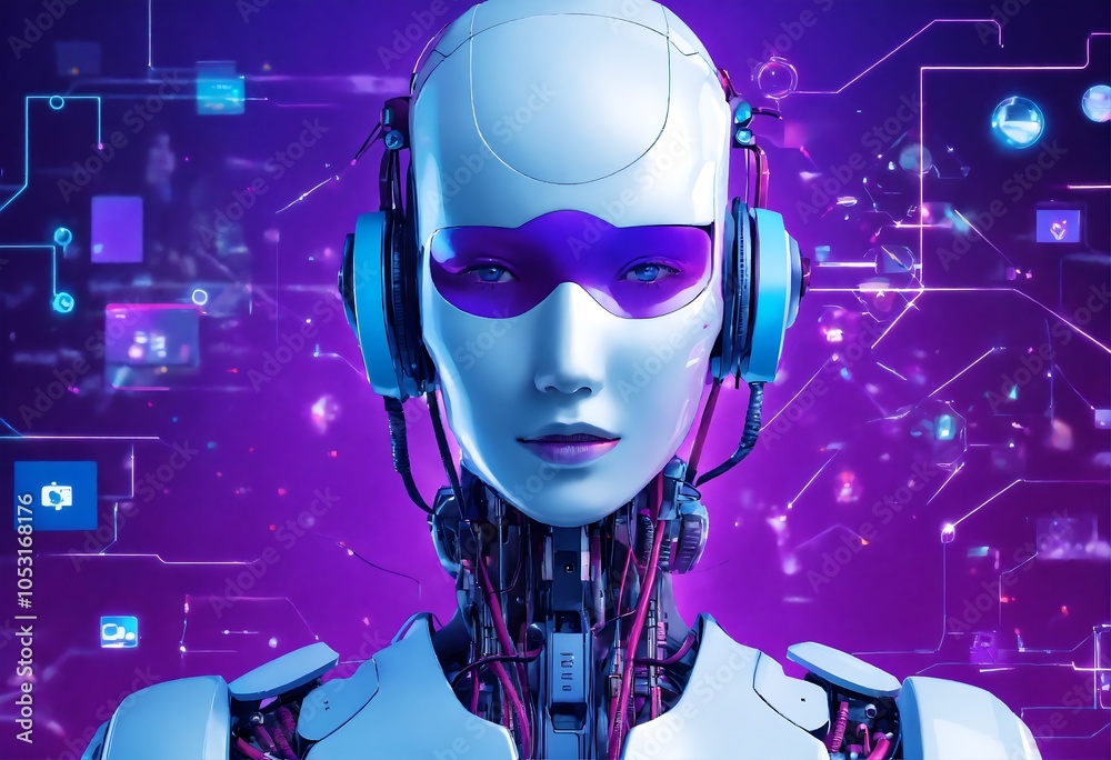 colorful blue and purple background with An AI robot making connections with photos colorful blue and purple background with An AI robot making connections with photos