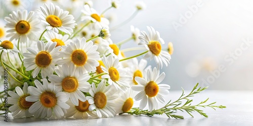 Minimalist Floral Composition of Chamomile Daisies on White Background - Elegant Nature Photography for Home Decor and Wellness
