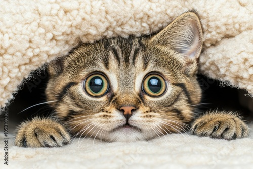 A humorous cat peeking out from under fluffy layers in a cozy indoor environment