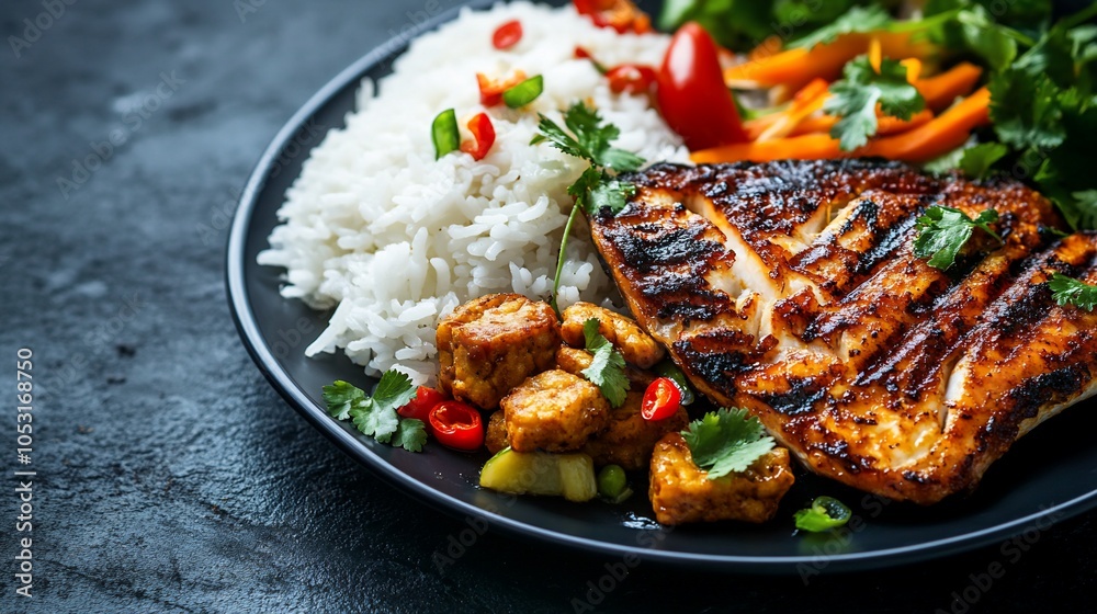 Grilled fish with rice, vegetables, and tempeh on a black plate. Grilled fish with rice, vegetables, and tempeh on a black plate.