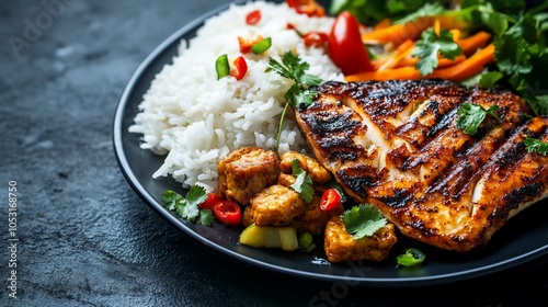 Grilled fish with rice, vegetables, and tempeh on a black plate.