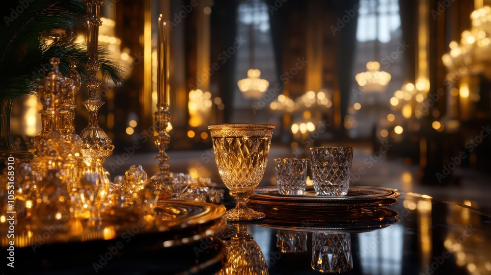 Intricately decorated table featuring ornate glassware, showcasing elegance and sophistication in every detail.