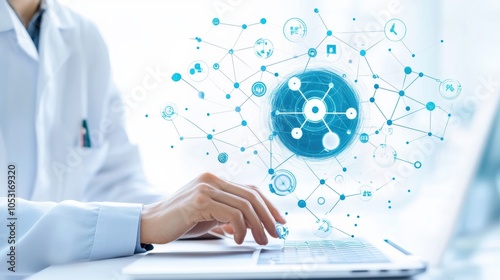 A professional typing on a laptop with digital network graphics, representing innovation in healthcare and technology.