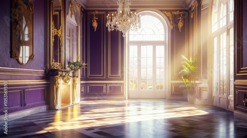 Spacious luxury room with rich purple walls, golden accents, and a grand chandelier, sunlight pouring in through large windows onto polished floors