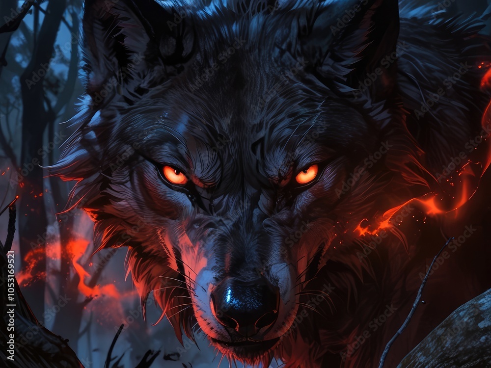 A black wolf with red eyes hiding in the shadow,abstract eerie glowing black closeup of a Halloween werewolf on misty background,Lobo enfurecido, en mitad del bosque, con niebla A black wolf with red eyes hiding in the shadow,abstract eerie glowing black closeup of a Halloween werewolf on misty background,Lobo enfurecido, en mitad del bosque, con niebla