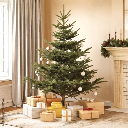 A high quality design of a Christmas tree with various gifts wrapped in decorative paper. The gifts are placed at the bottom of the tree. The background is a clear sky with twinkling stars. The overal