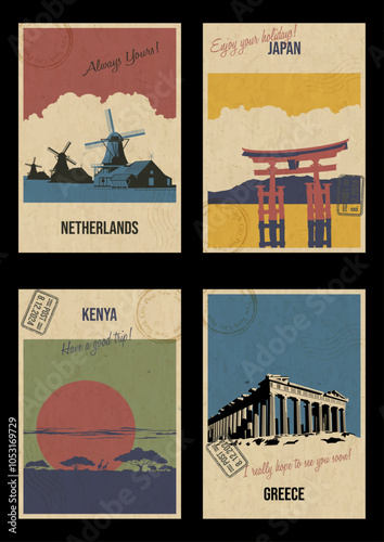 Netherlands, Japan, Kenya, Greece Main Attractions Postcard Windmills, The Floating Gate, Savannah, Parthenon Vector Templates Retro Greeting Cards. Handwriting wishes. Postal Imprints, Paper Texture