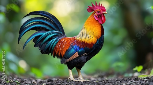 Wallpaper Mural A rooster with vibrant red, orange, blue, and black feathers stands on a patch of brown dirt, with a blurred green background. Torontodigital.ca