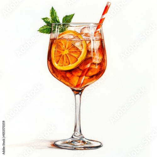 Refreshing Aperol Spritz Illustration with Orange Slice and Mint Garnish in a Glass on White