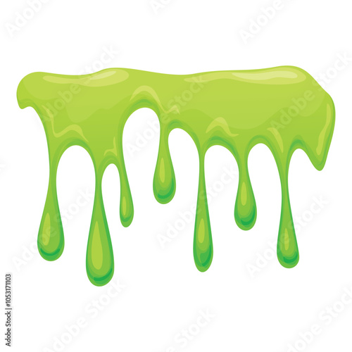 Cartoon green slime dripping down with a shiny, glossy appearance isolated on a white background, perfect for creative designs and projects