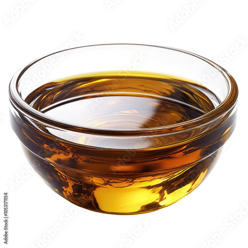 Oil in a clear glass bowl, white isolated background.Transparent background