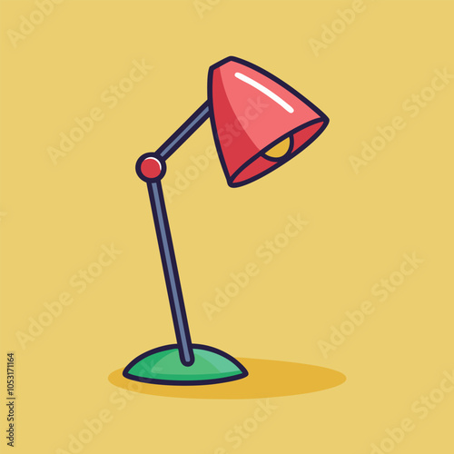 A red and green desk lamp with a yellow light bulb, isolated on a yellow background.
