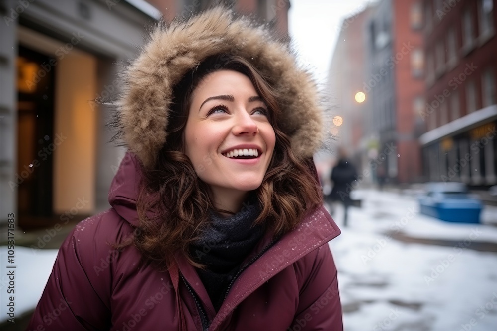 View of a beautiful girl in a winter coat on a city street. View of a beautiful girl in a winter coat on a city street.