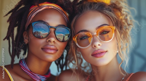 Two women wearing stylish sunglasses, posing together outdoors.