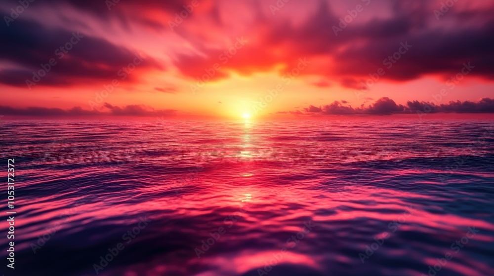 Fototapeta premium A vibrant sunset over the ocean with dramatic, colorful clouds reflecting in the water.
