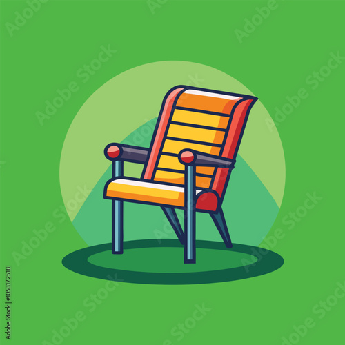 A colorful cartoon illustration of a lawn chair with a green background. 