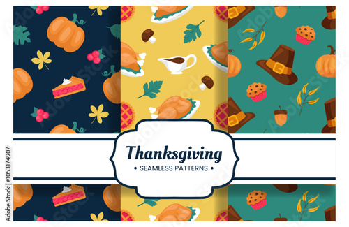 Festive Thanksgiving Day Seamless Pattern Template with Flat Style Cartoon Elements Illustration