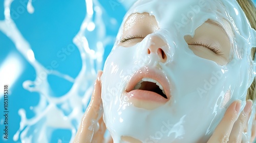 A serene moment of relaxation with a woman enjoying a facial mask treatment in a spa setting against a vibrant blue background. photo