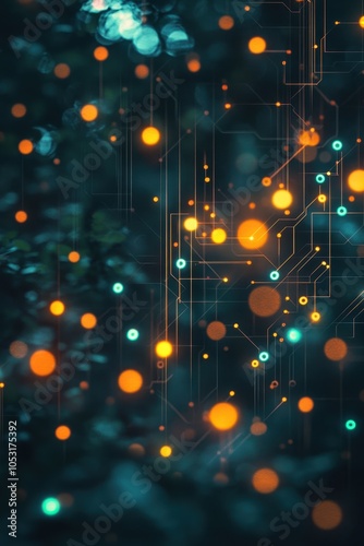 Abstract Futuristic Circuit Board with Glowing Lights in a Dark Background Representing Technology and Innovation