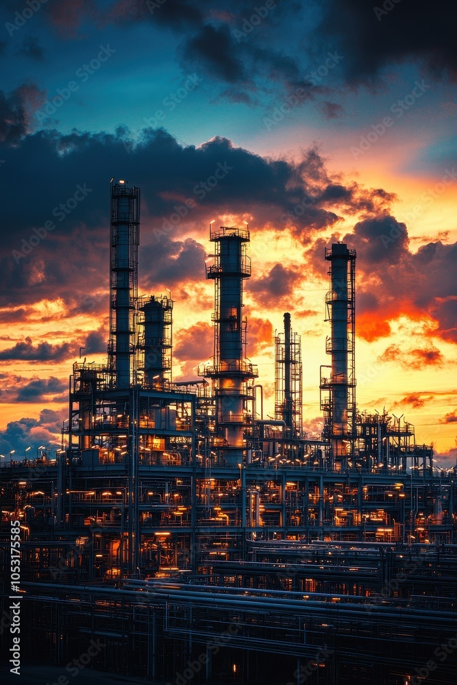 Industrial Refinery Silhouetted Against a Vibrant Sunset Sky with Dramatic Clouds and Illuminated Structures Industrial Refinery Silhouetted Against a Vibrant Sunset Sky with Dramatic Clouds and Illuminated Structures