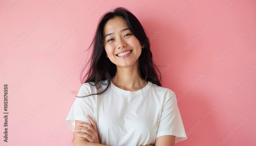 Happy young Asian woman standing with arms crossed, wearing a casual white t-shirt, against a vibrant pink background, exuding confidence and joy Happy young Asian woman standing with arms crossed, wearing a casual white t-shirt, against a vibrant pink background, exuding confidence and joy