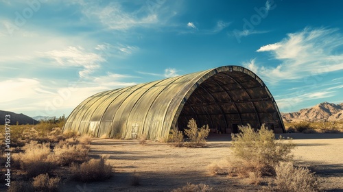 Forgotten Hangar in the Desert: A weathered hangar, its corrugated metal skin shimmering under a vast desert sky, stands as a silent testament to a bygone era. The harsh landscape.