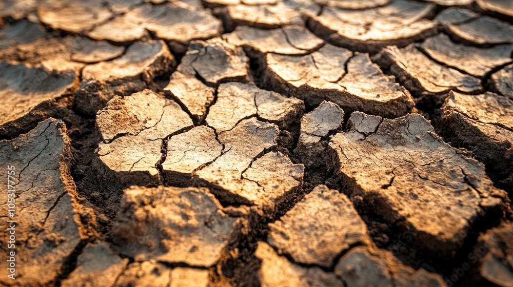 Fototapeta premium The parched surface of dry, cracked earth, with deep fissures cutting through the barren landscape, a symbol of extreme drought conditions