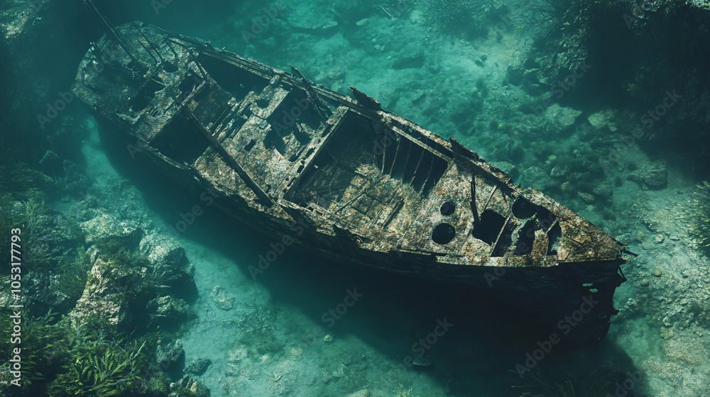 underwater shipwreck in green water with sunbeams underwater shipwreck in green water with sunbeams