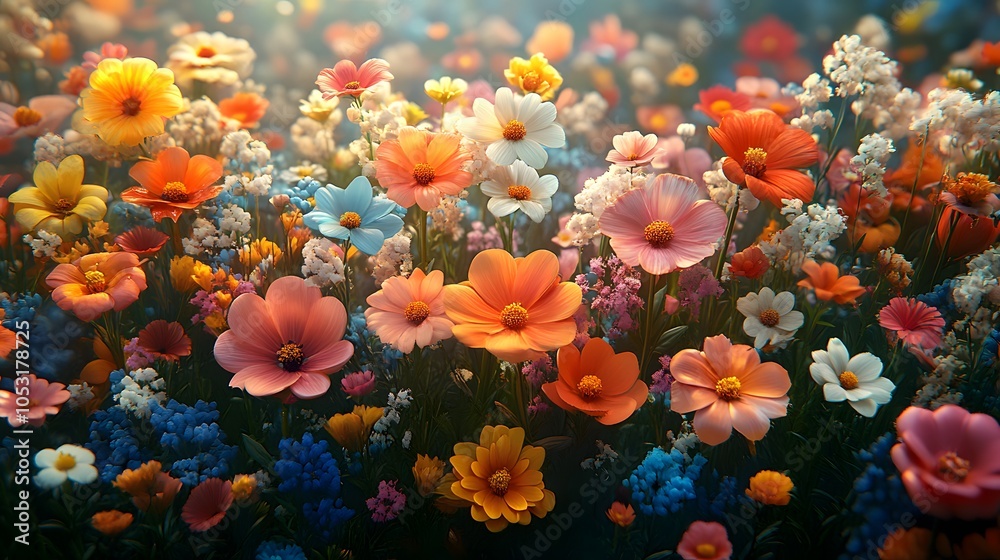 A vibrant field of colorful flowers in various shades, creating a stunning natural landscape with a dreamy atmosphere. A vibrant field of colorful flowers in various shades, creating a stunning natural landscape with a dreamy atmosphere.