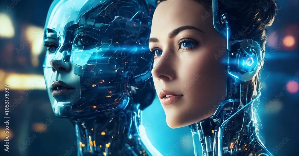 human and ai robot face in double exposure effect, concept for artificial inteligence, high quality photo, cinematic shot, cinematic, realistic, film grain human and ai robot face in double exposure effect, concept for artificial inteligence, high quality photo, cinematic shot, cinematic, realistic, film grain