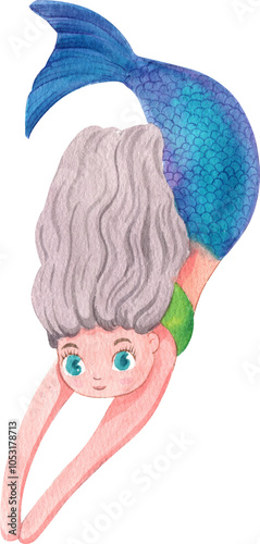 White-haired mermaid swimming Cartoon Character, Watercolor Hand-drawn Illustration photo