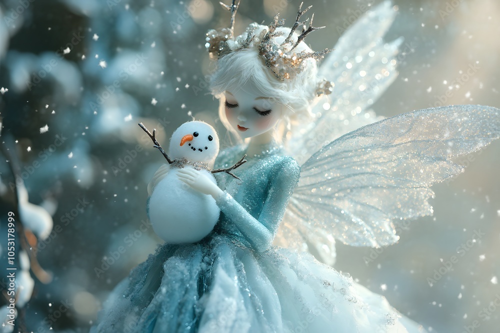 Obraz premium A whimsical fairy with delicate wings holding a snowman amid falling snowflakes, radiating a magical winter atmosphere.
