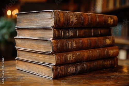 Stack of Vintage Leather-Bound Books on Wooden Table