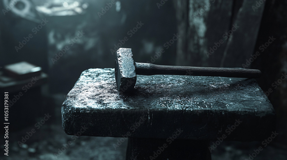 dark moody blacksmith shop hammer on anvil tool workshop industrial metal forging close up detailed texture dark moody blacksmith shop hammer on anvil tool workshop industrial metal forging close up detailed texture