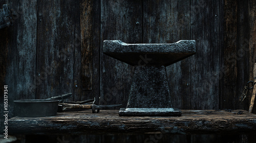 dark moody blacksmith anvil old wooden workshop background