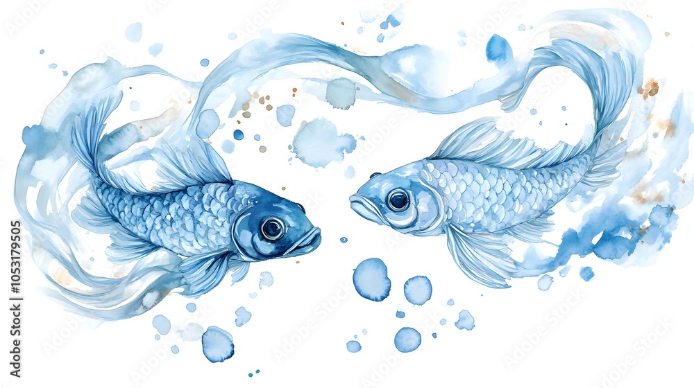 Two stylized blue goldfish swim gracefully in swirling water, creating a serene and artistic aquatic scene. Two stylized blue goldfish swim gracefully in swirling water, creating a serene and artistic aquatic scene.