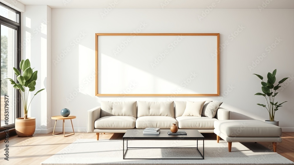 Fototapeta premium Spacious living room with a large, empty frame above a white sectional sofa, accented with a coffee table and a side table with a vase, all situated on a light rug