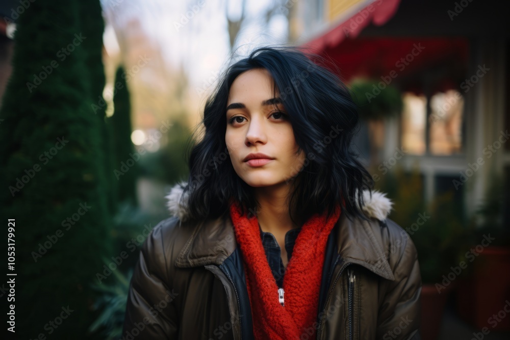 Outdoor portrait of beautiful young woman with long black hair wearing brown jacket and red scarf Outdoor portrait of beautiful young woman with long black hair wearing brown jacket and red scarf