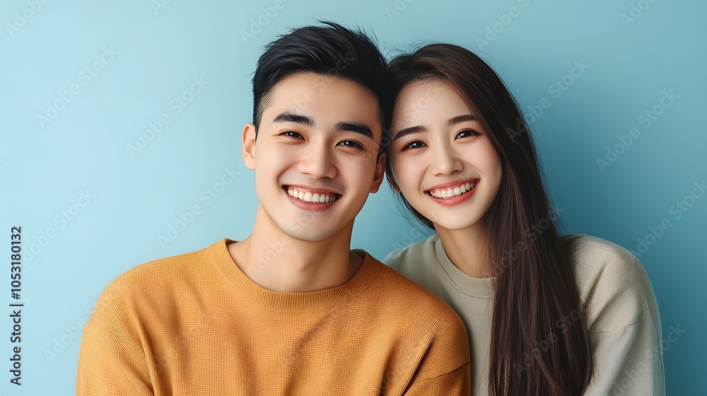 Casual happy Asian man and woman on light blue banner background. Casual happy Asian man and woman on light blue banner background.