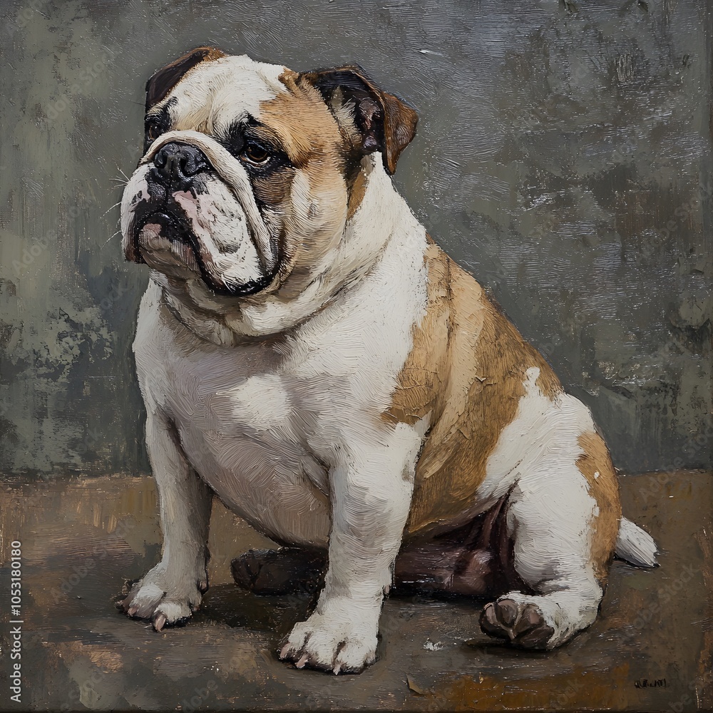 Obraz premium A charming bulldog sits proudly, showcasing its thick, wrinkled face and distinctive coat, set against a muted background.