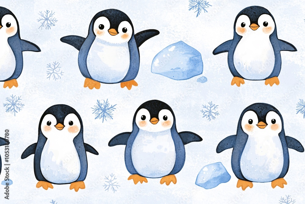 Obraz premium Cute Penguins with Ice and Snowflakes Background